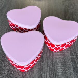 Set of 3 Heart-Shaped Tin Boxes - Pink Lids with Red Heart Pattern